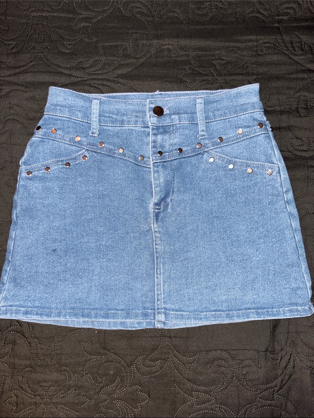 iris Light Blue Denim Mini Skirt with Stud Accents